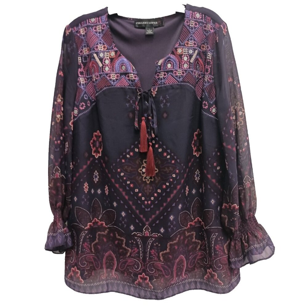 Colleen Lopez Womens Blouse Large Purple Borderβ Print Embroidered BOHO Peasant